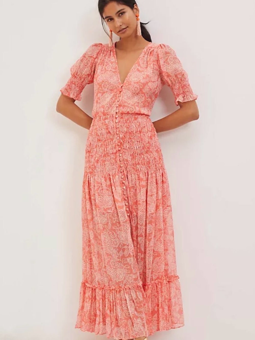 Misa Los Angeles Parisa Summer Paisley Puffed Sleeve Floral Ruched Maxi Dress